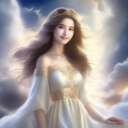 A beautiful girl who is the daughter of a god, depicted in an ethereal and divine setting