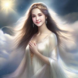 A beautiful girl who is the daughter of a god, depicted in an ethereal and divine setting