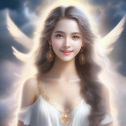 A beautiful girl who is the daughter of a god, depicted in an ethereal and divine setting