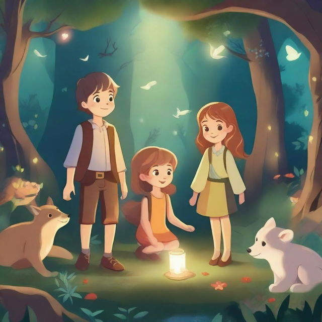 Two boys and two girls in an enchanted forest, surrounded by magical creatures, glowing plants, and mystical lights