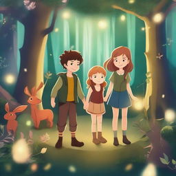 Two boys and two girls in an enchanted forest, surrounded by magical creatures, glowing plants, and mystical lights