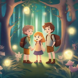 Two boys and two girls in an enchanted forest, surrounded by magical creatures, glowing plants, and mystical lights