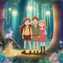 Two boys and two girls in an enchanted forest, surrounded by magical creatures, glowing plants, and mystical lights