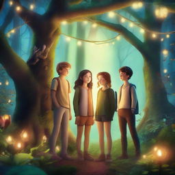 Two teenage boys and two teenage girls in an enchanted forest, surrounded by magical creatures, glowing plants, and mystical lights