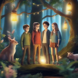 Two teenage boys and two teenage girls in an enchanted forest, surrounded by magical creatures, glowing plants, and mystical lights