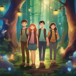 Two teenage boys and two teenage girls in an enchanted forest, surrounded by magical creatures, glowing plants, and mystical lights