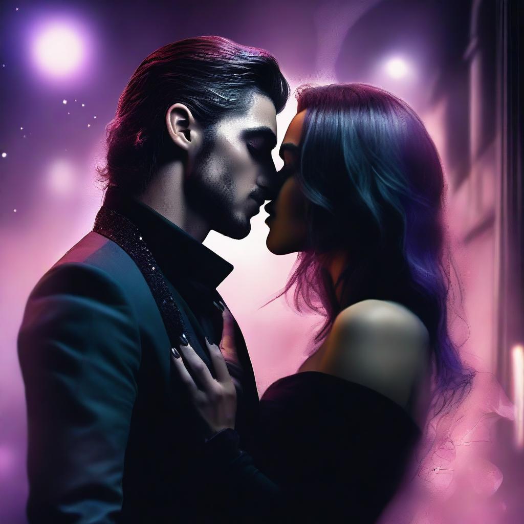 A dark romance scene featuring two magicians in a toxic relationship, passionately kissing