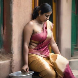 An Indian woman with a curvy body wearing a silky satin saree