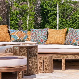 Outdoor seating arrangement, inspired by intricate Arabic design details and lines, featuring plush cushions, geometric structures, and ornate patterns in vibrant colors.