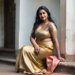 An Indian woman with a curvy body wearing a silky satin saree