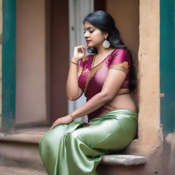 An Indian woman with a curvy body wearing a silky satin saree