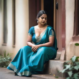 An Indian woman with a curvy body wearing a silky satin saree