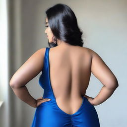 An Indian woman with a curvy body wearing a tight blue satin gown