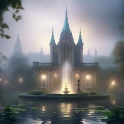 A mystical and ancient magic academy shrouded in fog, featuring a grand water fountain at its center