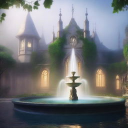 A mystical and ancient magic academy shrouded in fog, featuring a grand water fountain at its center