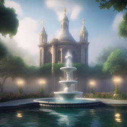 A mystical and ancient magic academy shrouded in fog, featuring a grand water fountain at its center