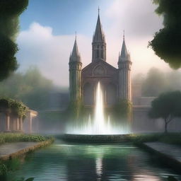 A mystical and ancient magic academy shrouded in fog, featuring a grand water fountain at its center