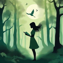 A mystical scene featuring the silhouette of a woman holding a book, set in a greenish forest