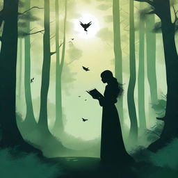 A mystical scene featuring the silhouette of a woman holding a book, set in a greenish forest