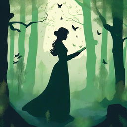 A mystical scene featuring the silhouette of a woman holding a book, set in a greenish forest