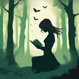 A mystical scene featuring the silhouette of a woman holding a book, set in a greenish forest