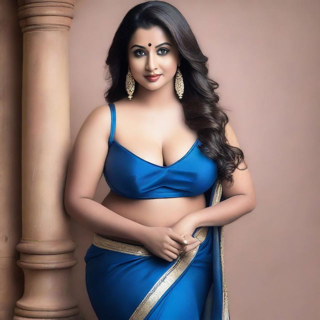 An Indian woman with a curvy body wearing a tight blue satin saree