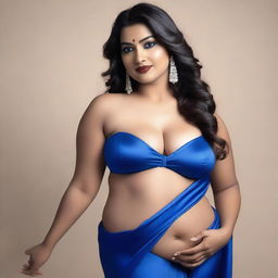 An Indian woman with a curvy body wearing a tight blue satin saree