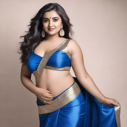 An Indian woman with a curvy body wearing a tight blue satin saree