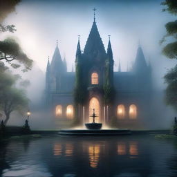 A mystical and ancient magic academy shrouded in fog, featuring a grand water fountain at its center