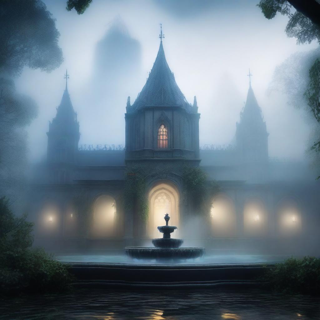 A mystical and ancient magic academy shrouded in fog, featuring a grand water fountain at its center