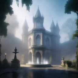 A mystical and ancient magic academy shrouded in fog, featuring a grand water fountain at its center