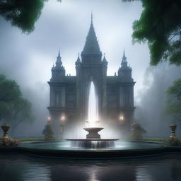 A mystical and ancient magic academy shrouded in fog, featuring a grand water fountain at its center