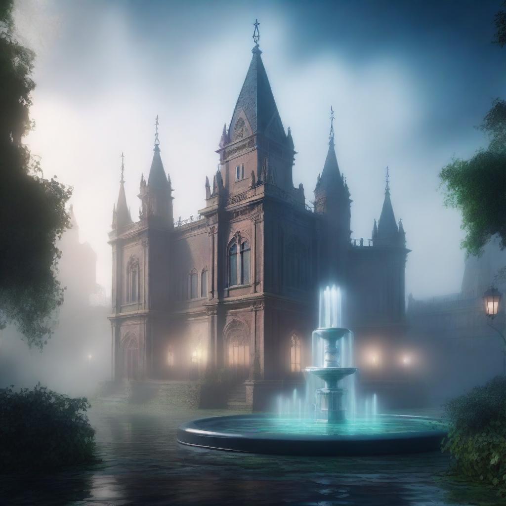 A mystical and ancient magic academy shrouded in fog, featuring a grand water fountain at its center