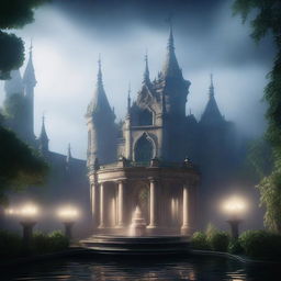 A mystical and ancient magic academy shrouded in fog, featuring a grand water fountain at its center