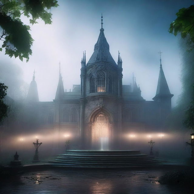 A mystical and ancient magic academy shrouded in fog, featuring a grand water fountain at its center