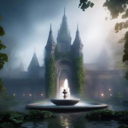 A mystical and ancient magic academy shrouded in fog, featuring a grand water fountain at its center