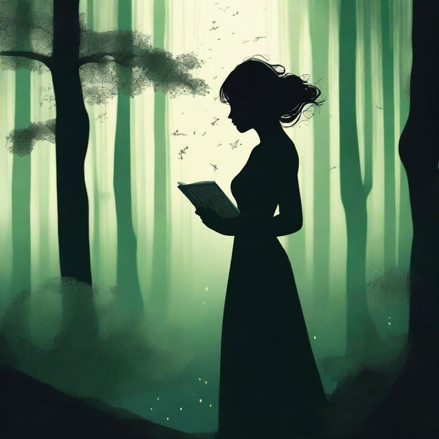 A front view silhouette of a woman holding a book, set in a mystical, dark, and voluminous greenish forest