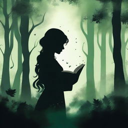 A front view silhouette of a woman holding a book, set in a mystical, dark, and voluminous greenish forest