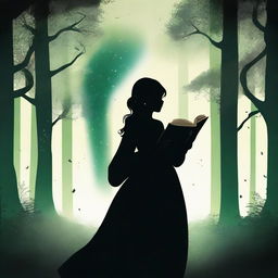 A front view silhouette of a woman holding a book, set in a mystical, dark, and voluminous greenish forest