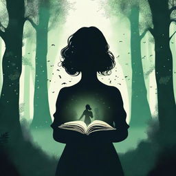 A front view silhouette of a woman holding a book, set in a mystical, dark, and voluminous greenish forest