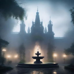 A mystical and ancient magic academy shrouded in fog, featuring a grand water fountain at its center