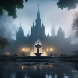 A mystical and ancient magic academy shrouded in fog, featuring a grand water fountain at its center