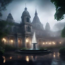 A mystical and ancient magic academy shrouded in fog, featuring a grand water fountain at its center