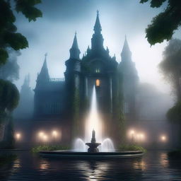 A mystical and ancient magic academy shrouded in fog, featuring a grand water fountain at its center