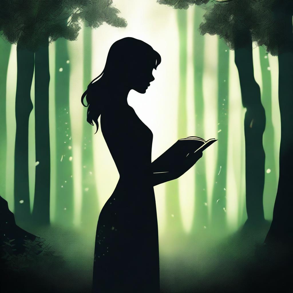 A front view silhouette of a woman holding a book, set in a mystical, very dark, dense, and large greenish forest