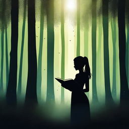 A front view silhouette of a woman holding a book, set in a mystical, very dark, dense, and large greenish forest