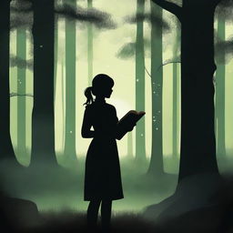 A front view silhouette of a woman holding a book, set in a mystical, very dark, dense, and large greenish forest