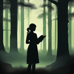 A front view silhouette of a woman holding a book, set in a mystical, very dark, dense, and large greenish forest