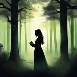 A front view silhouette of a woman holding a book, set in a mystical, very dark, dense, and large greenish forest