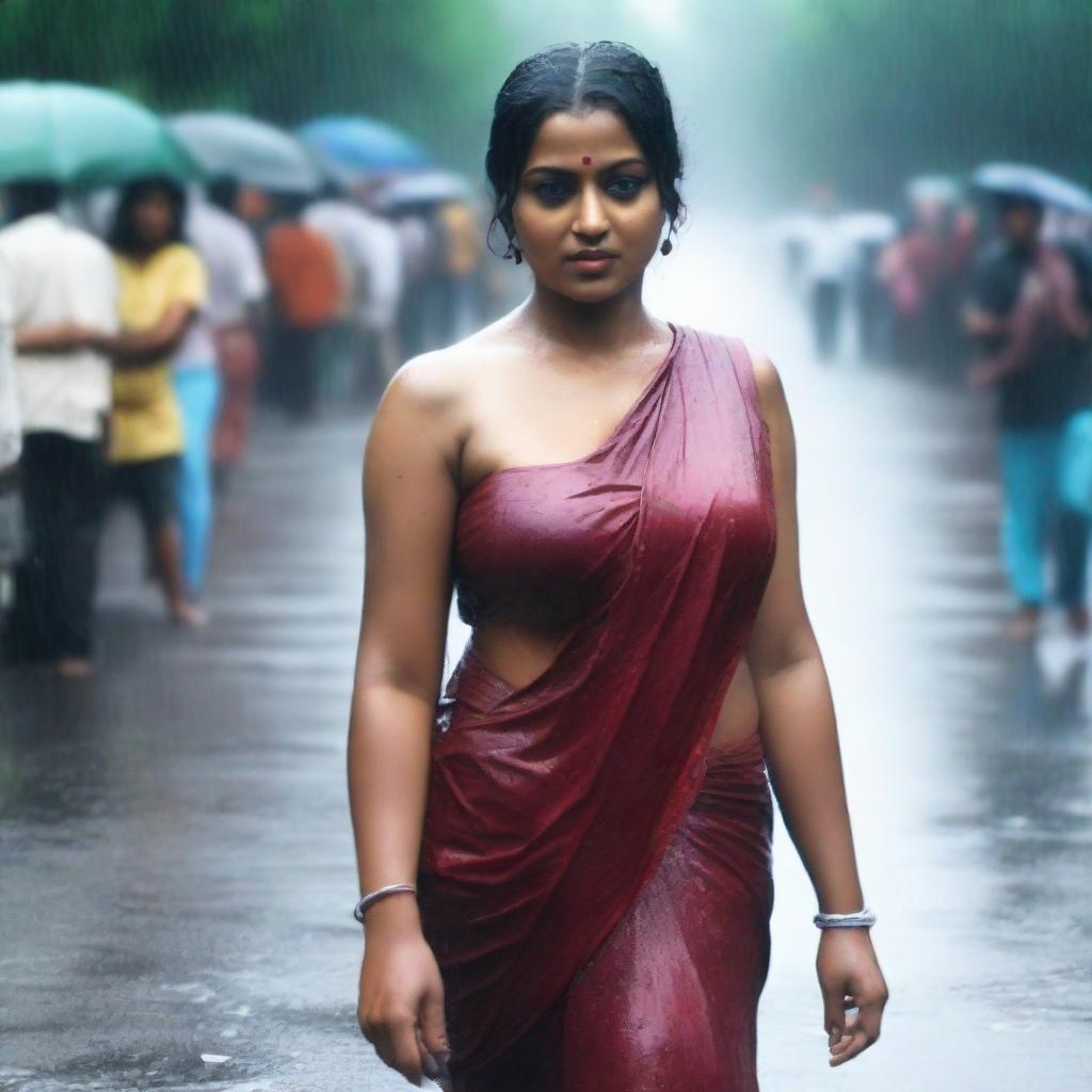 An Indian woman with a curvy body wearing a tight saree and sleeveless blouse, drenched in rain